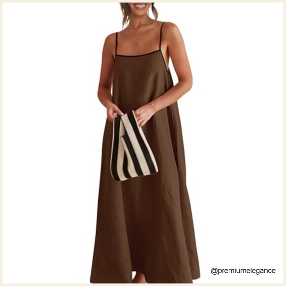 Linen Maxi Dress with Adjustable Straps, Side Pockets, Back Tie Detail - Picture 5 of 7